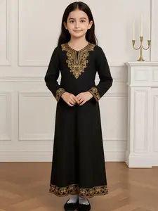 Girls Muslim Style Modesty Long Robe Dress, Abaya Gown, Gold Embroidered V-Neck, Long Sleeve Ankle-Length, Ramadan/eid Party Dress