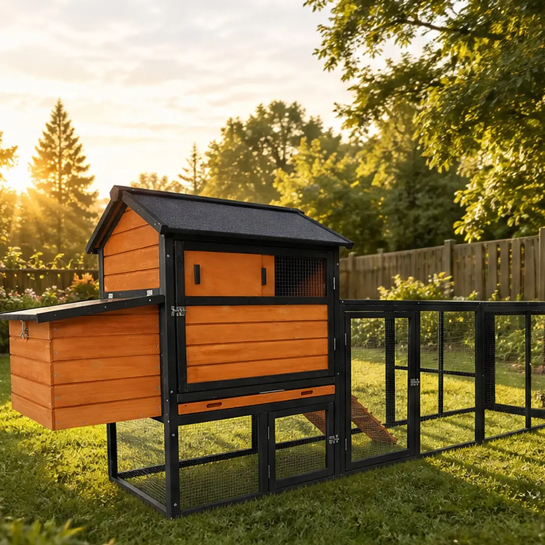 ARCH Large Solid Fir Wooden Chicken Coop - Outdoor Enclosed Chicken Cage with Run, Nesting Box, Waterproof Anti-UV Panels, Backyard Farm Animal Shelter, Rabbit Hutch - Brown/Black Options, 60.61 lb, 25.48" W x 114.06" D x 42.32" H, Chicken Cage Enclosed
