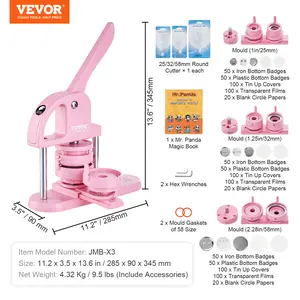 VEVOR 3-IN-1 Button Maker, 1/1.25/2.28 inch(25/32/58mm) Pin Maker, 300pcs Button Parts,Button Maker Machine with Panda Magic Book,  Ergonomic Arc Handle Punch Press Kit, For Children DIY Gifts, Pink
