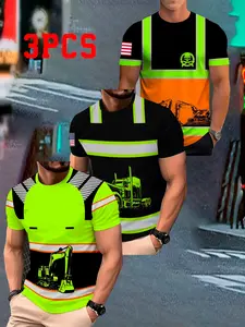3-Pack Men's Quick-Dry Breathable T-Shirts, Short Sleeve Round Neck Casual Summer Tees, Worker Festival Pattern, Gift