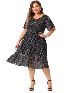 Agnes Orinda Plus Size Dresses Elegant Floral Midi Flare Dress