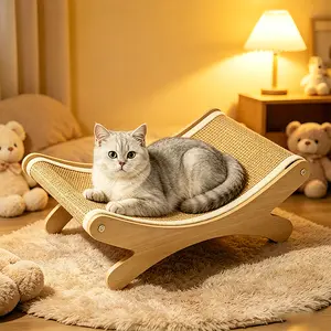 Medium-Size Multi-Functional Pet Record Rocker Bed with Natural Wood Frame, Tear-Resistant Sisal-Jute Scratching Board, Indoor Cat Furniture for Scratching & Relaxing