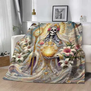 Santa Muerte La Nina Blanca Flannel Blanket, Day of the Dead Print, UltraSoft, Lightweight, AntiPilling, AntiWrinkle, Perfect for Gothic Decor, Halloween Season, Home Decor, and Thoughtful Gift Giving
