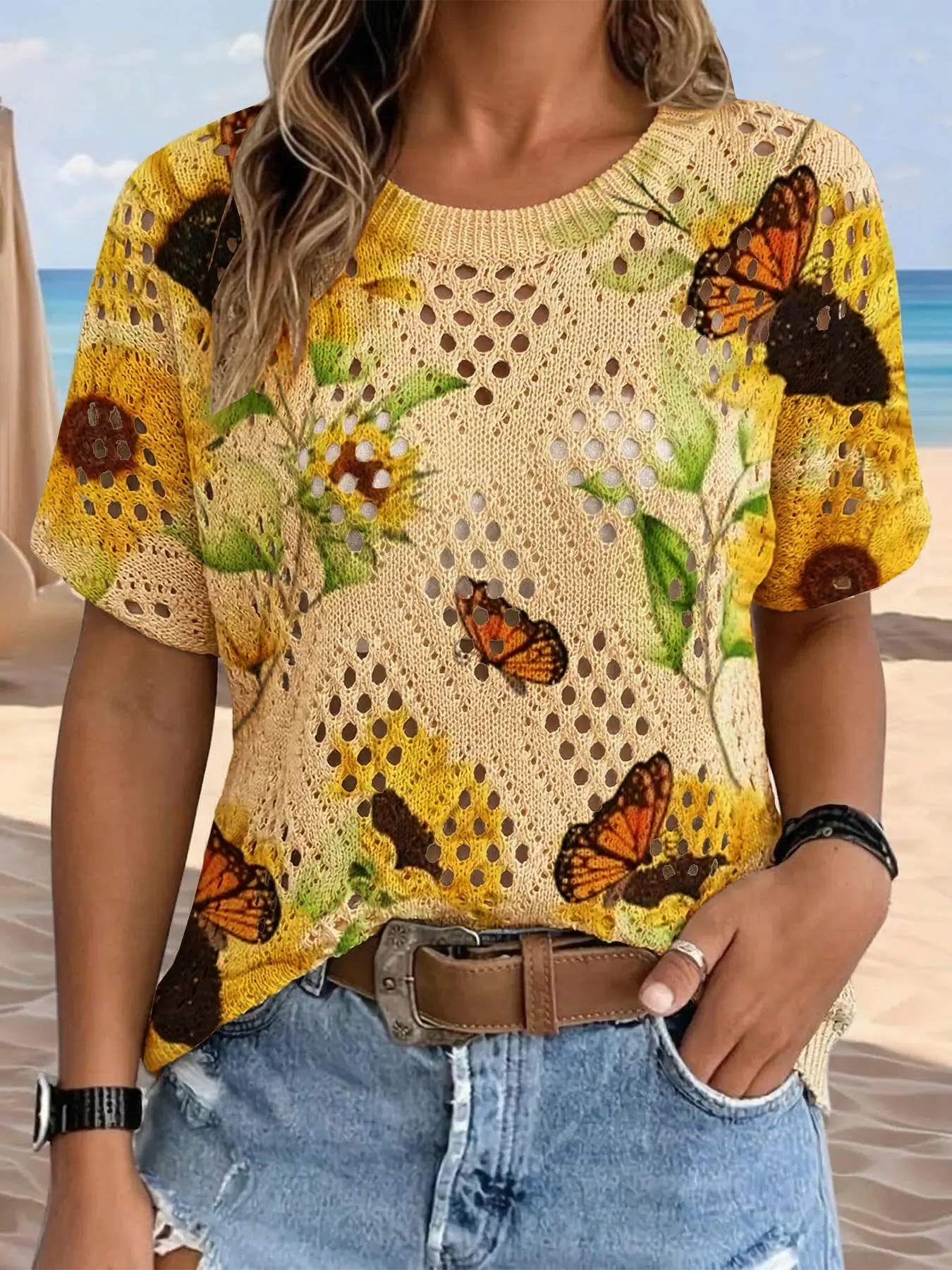 Women's Bohemian Butterfly Sunflower Print Round Neck Short Sleeve Knit Sweater, Casual Breathable Top for Spring Summer Fall Winter