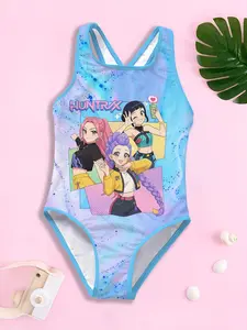 Girls' one-piece swimsuit "HUNTRX Idol Cute Style" with blue-purple gradient cartoon prints + crisscross back design, cute and refreshing, perfect for creating a vibrant atmosphere for summer pool/ beach outfits~