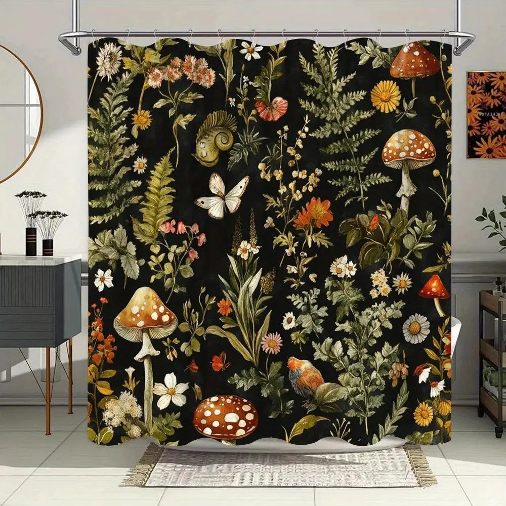 1pc floral mushroom pattern decorative shower curtain, Bathroom Accessory, bathroom decoration, partition, durable polyester material, easy to clean, machine washable, Shower Curtains Washable, multiple sizes available, free hook