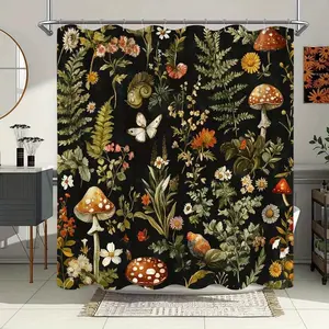 1pc floral mushroom pattern shower curtain, Bathroom Accessory, perfect for bathroom decoration, partition, beautify the space, durable polyester material, easy to clean, machine washable, multiple sizes available, free hook, Charming Pattern