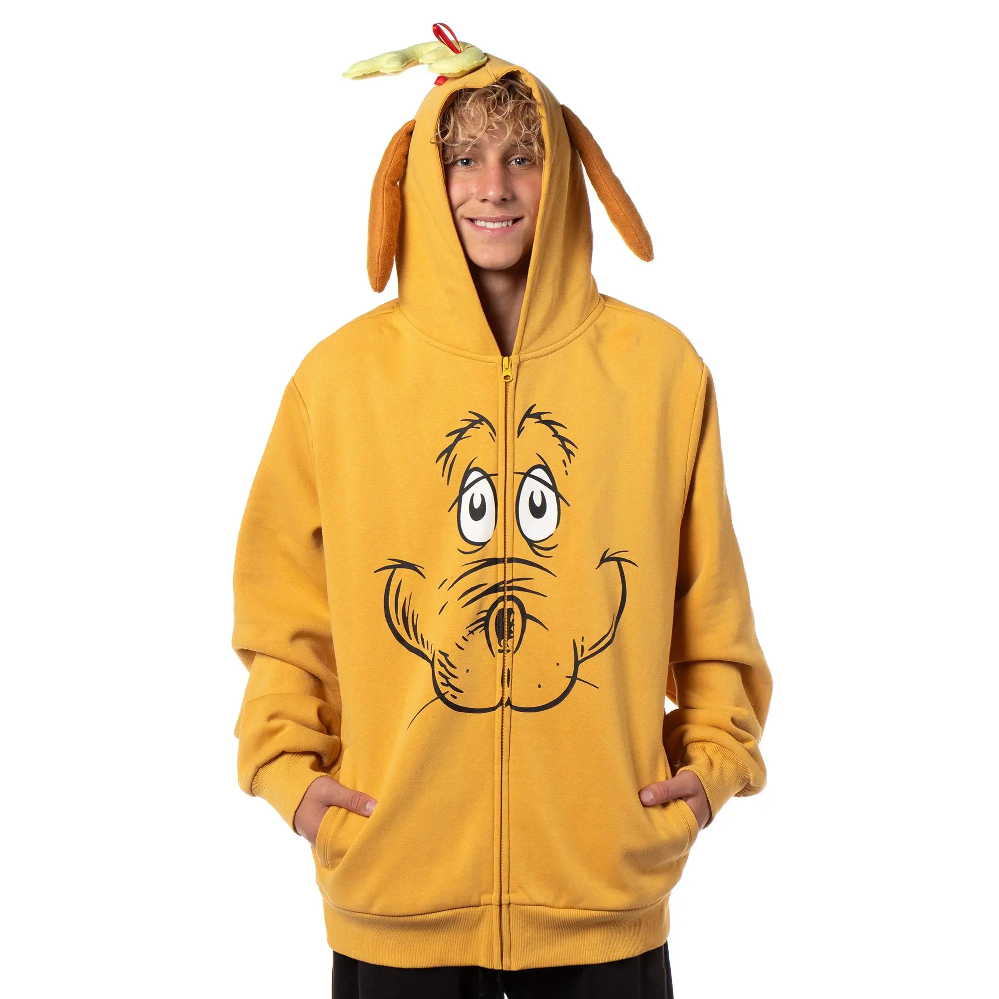 Dr Seuss Men's The Grinch Max The Dog Face Christmas Long Sleeve Zip-Up Hoodie Sweatshirt