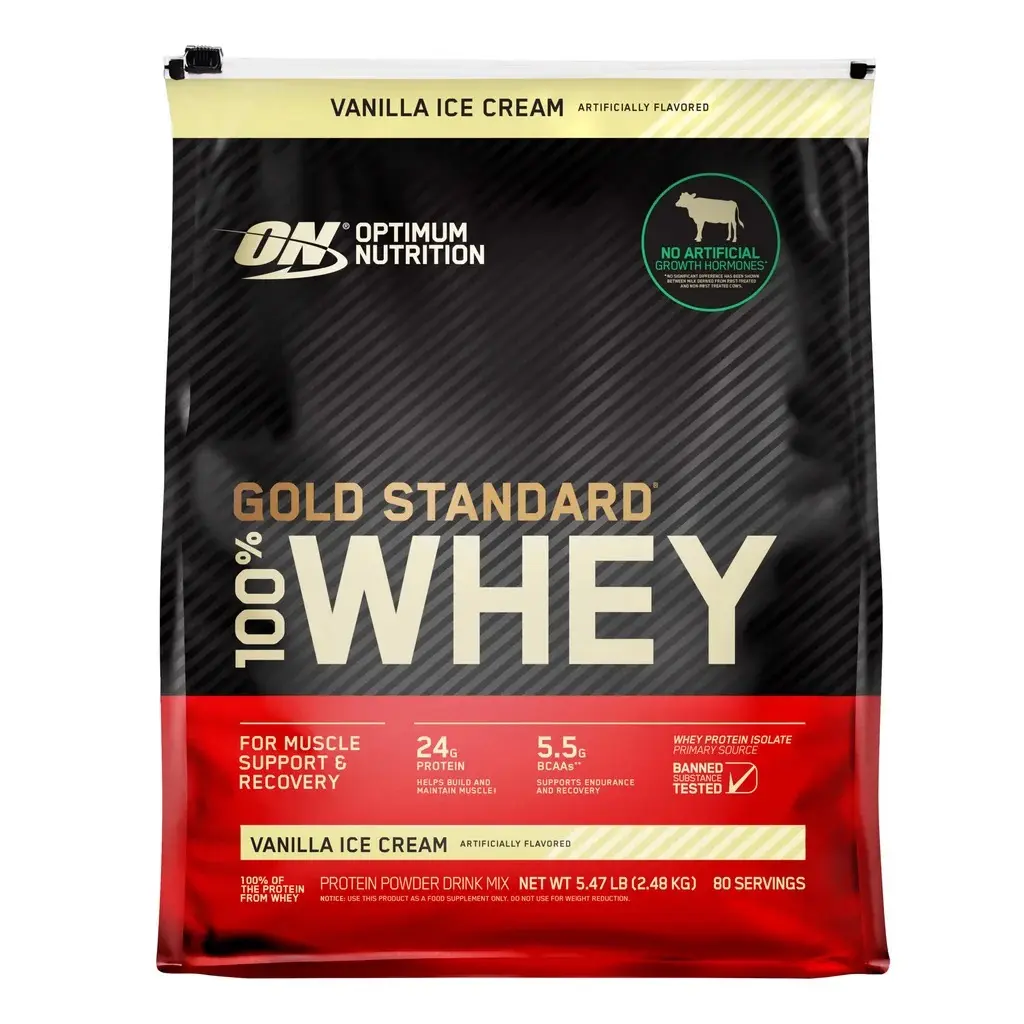 Optimum Nutrition Gold Standard 100% Whey Protein Powder - Vanilla Ice Cream Flavor, 24g Protein, 5.5g BCAAs, 80 Servings, 5.47 lb (2.48 kg) | Fitness Dietary Healthcare Edible Supplement, Sucralose, Water, Drink Protein Supplements
