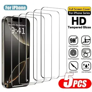 5pcs HD Screen Protectors Compatible with iPhone 17/16/15/14/13/12/11/Pro Max/Pro/Plus/Mini/17 Air/16e/X/XS/XR/XS MAX,Full Coverage Protection,Offering High-Definition,Features Upgraded 9H Hardness,Scratch Resistance, Protective Accessories