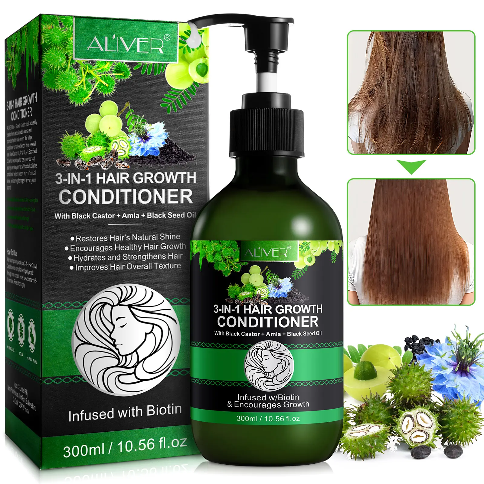1 Count, 300ml, ALIVER (Black Castor Oil, Indian Gooseberry & Black Seed Oil) 3-in-1 Hair Conditioner, Enhances Natural Hair Color, Strengthens Hair, Controls Oil & Moisturizes, Reduces Dandruff, Suitable for All Hair Types, Unisex.