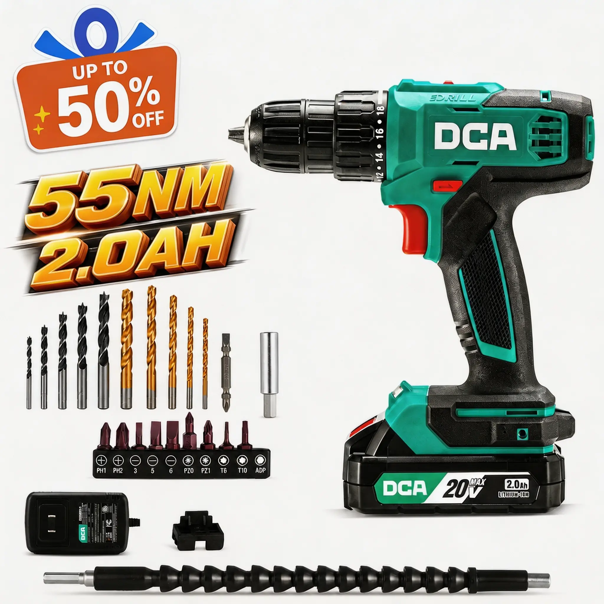 【Summerfinds】DCA 20V Cordless Drill 25-Piece Set with 5-Year Warranty, 28 ft-lb Torque, 3/8-Inch Keyless Chuck, 2.0Ah Batteries, Charger, 18+1 Clutch Settings, Pure Copper Components, LED Lights, Ideal for Home DIY, Furniture Assembly