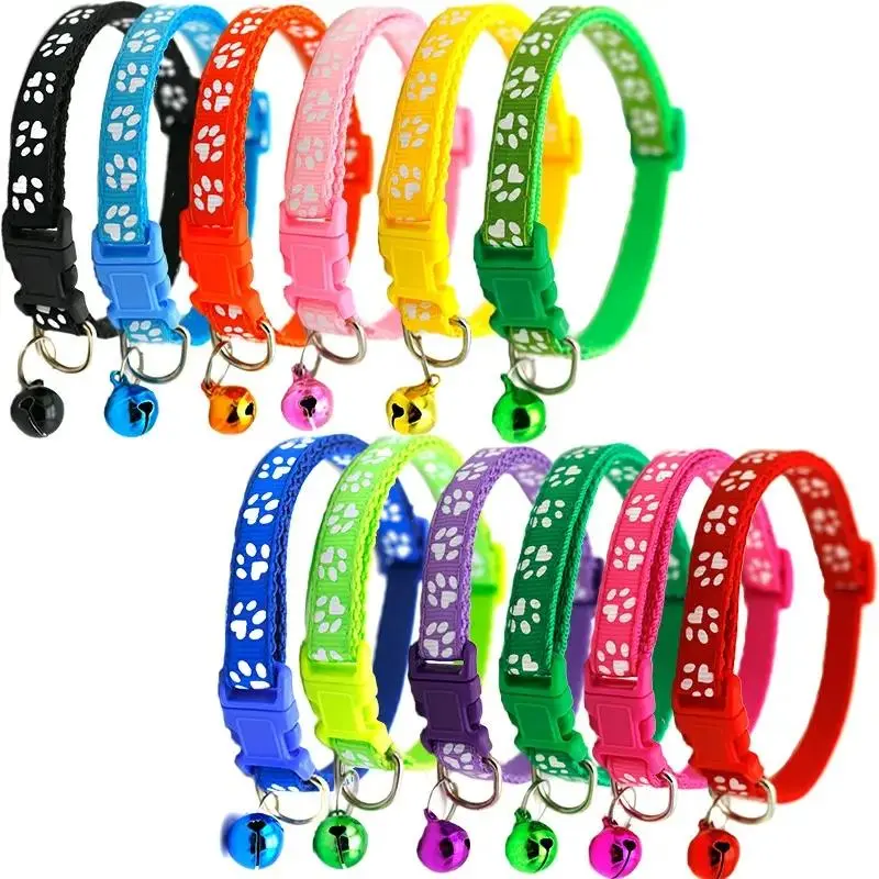 Adjustable Durable Pet Collar with Bell, 12pcs/set Cute Paw Print Pet Collar with Safety Buckle, Pet Supplies for Small Medium Dogs & Cats, Adjustable Collars