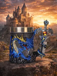 The Armored Kingdom 17oz Sapphire Blue Sentinel Dragon Mug - Handcrafted Ancient Fantasy Gothic Scale Stainless Steel Tumbler, Washable Reusable Portable Drinkware, Collector Cup, Personalized Gift for Dragon Mugs Enthusiasts
