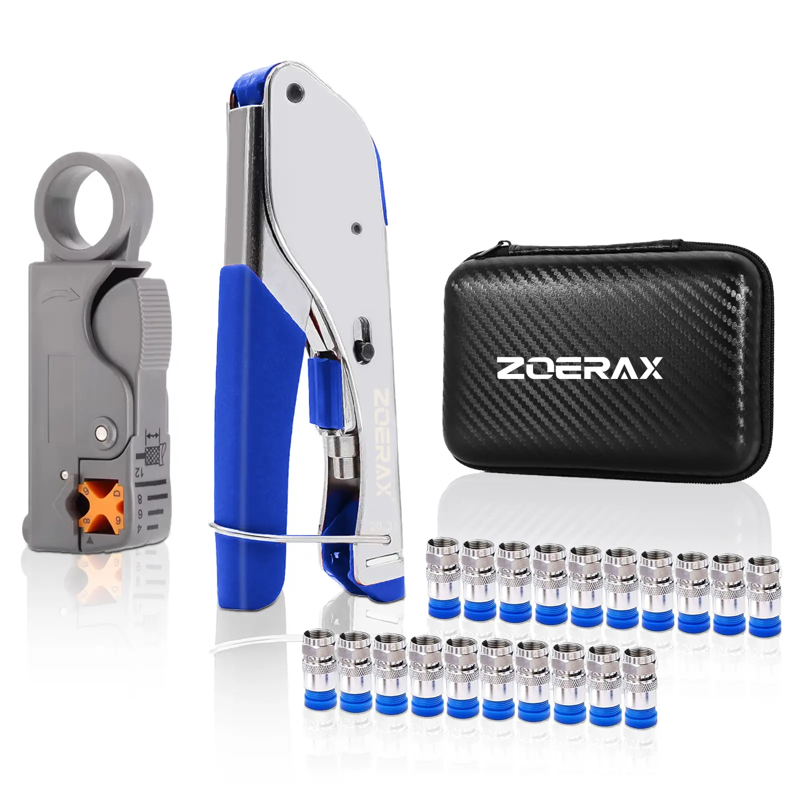 3-in-1 Coaxial Tool Kit, including a wire stripper and 20 F-type connectors, compatible with RG11/RG7; suitable for crimping RG59 and RG6 coaxial cables; ideal for satellite TV, home theater, and network cabling, 20 Pcs F Connectors, All-In-One Coaxial In