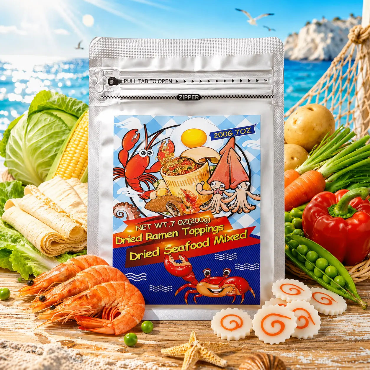 7oz 11-in-1 Asian Salty Snacks Dried Seafood & Veggie Ramen Topping Kit - Dehydrated Vegetables, Dried Shrimp, Imitation Crab Sticks, Narutomaki, Tofu Skin for Instant Ramen, Hot Pot