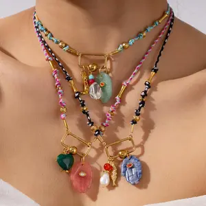Women's Long Hand-Woven Color Rope Bead Necklace with Natural Stone Palm Eye Pendant, Ideal for Birthday Gifts and Party Outfits,summervibes