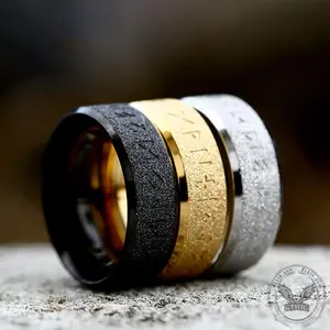GTHIC Viking Rune Ring - Frosted Stainless Steel Nordic Futhark Jewelry for Men & Women, Birthday & Mother’s Day Gift