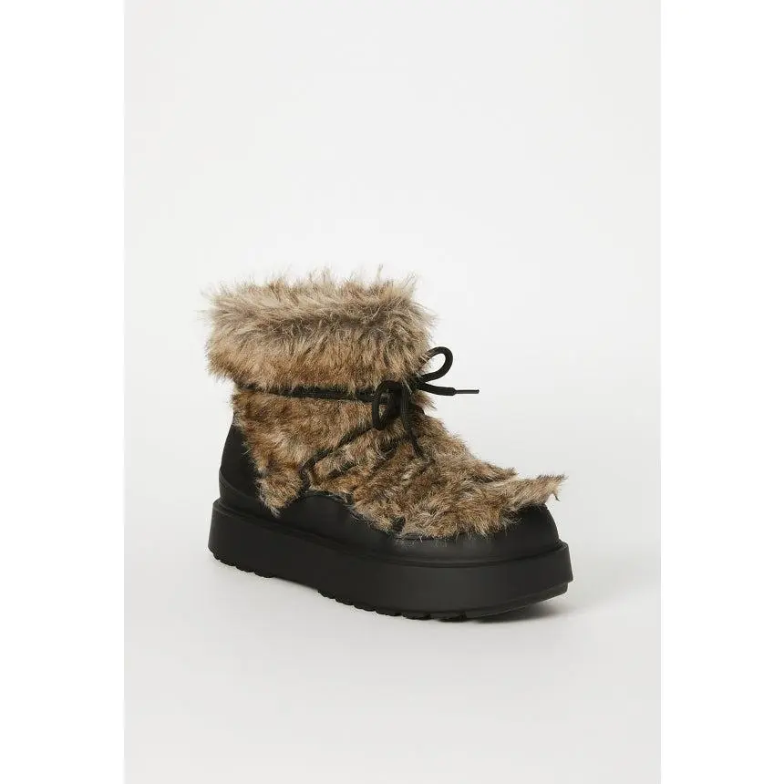 JUST FAB Women's Soft Faux Fur Lace-Up Boot - Cozy Platform Ankle Shoe, Adjustable Laces for Cold Weather Snow Bootie