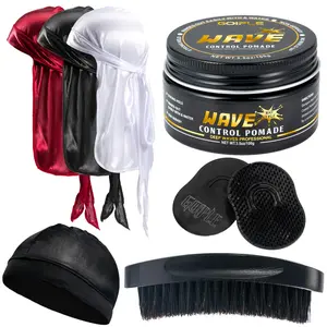 Wave Pomade Hair Care Kit for Men 360 Waves Silky Shine Strong Hold Easy Wash with Curved Brush and Durag Cap Training Set Comfort Synthetic