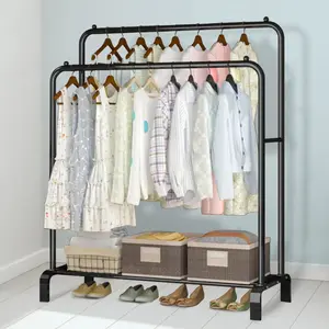 Clothing Garment Rack,Double Rails Closet Clothes Rack with Bottom Shelves and 4 Hooks,Freestanding Clothes Organizer Rack for Hanging Clothes