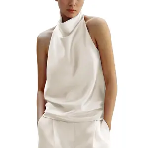 Songling Women's Silk Satin Halter Tank Top with Backless Design Draped Front Panel Elegant Summer Top for Sophisticated Outings