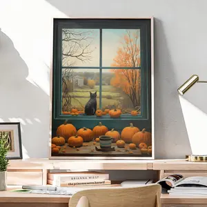 Black Cat & Pumpkins Thanksgiving Halloween Folk Art Poster, Fall Folk Art Print Autumn Thanksgiving Posters (NO FRAME)
