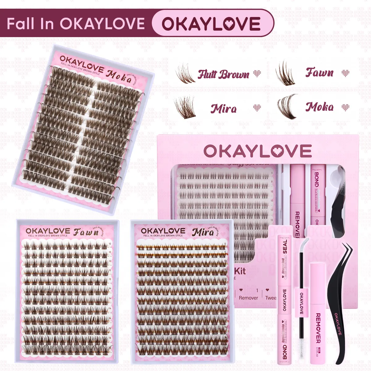 OKAYLOVE Brown Lash Clusters Kit with Long-lasting Lash Bond and Seal,Tweezers and Remover for DIY Eyelash at Home for Natural Makeup Girl Gifts