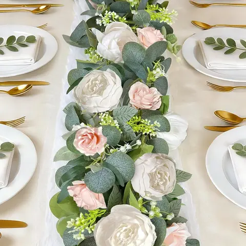 2 Pack 13Ft Artificial Eucalyptus Flower Garland with 16 White Peony Pink Rose, Baby Breath Fake Flowers Greenery Garland Floral Vine for Mantle Wedding Table Runner Centerpiece Backdrop Home Decor