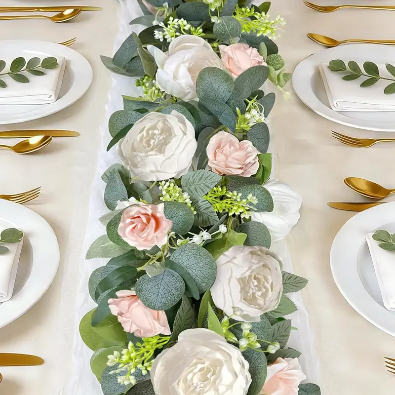 2 Pack 13Ft Artificial Eucalyptus Flower Garland with 16 White Peony Pink Rose, Baby Breath Fake Flowers Greenery Garland Floral Vine for Mantle Wedding Table Runner Centerpiece Backdrop Home Decor
