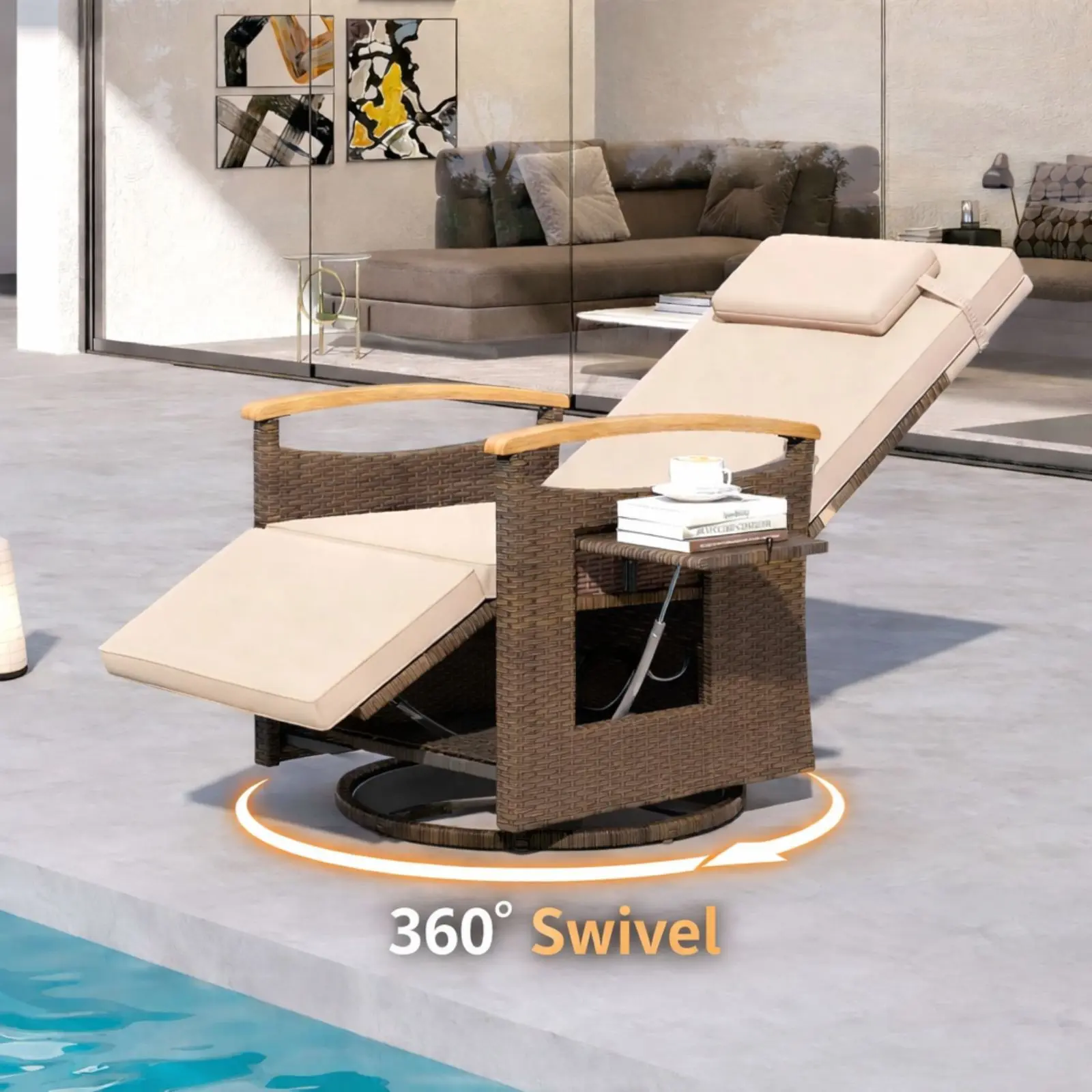 COSTWAY Patio Reclining Swivel Wicker Chair, Outdoor Rattan Chaise Lounge Recliner with Adjustable Backrest & Footrest, Flip Side Table and Soft Cushions, for Porch, Lawn, Poolside
