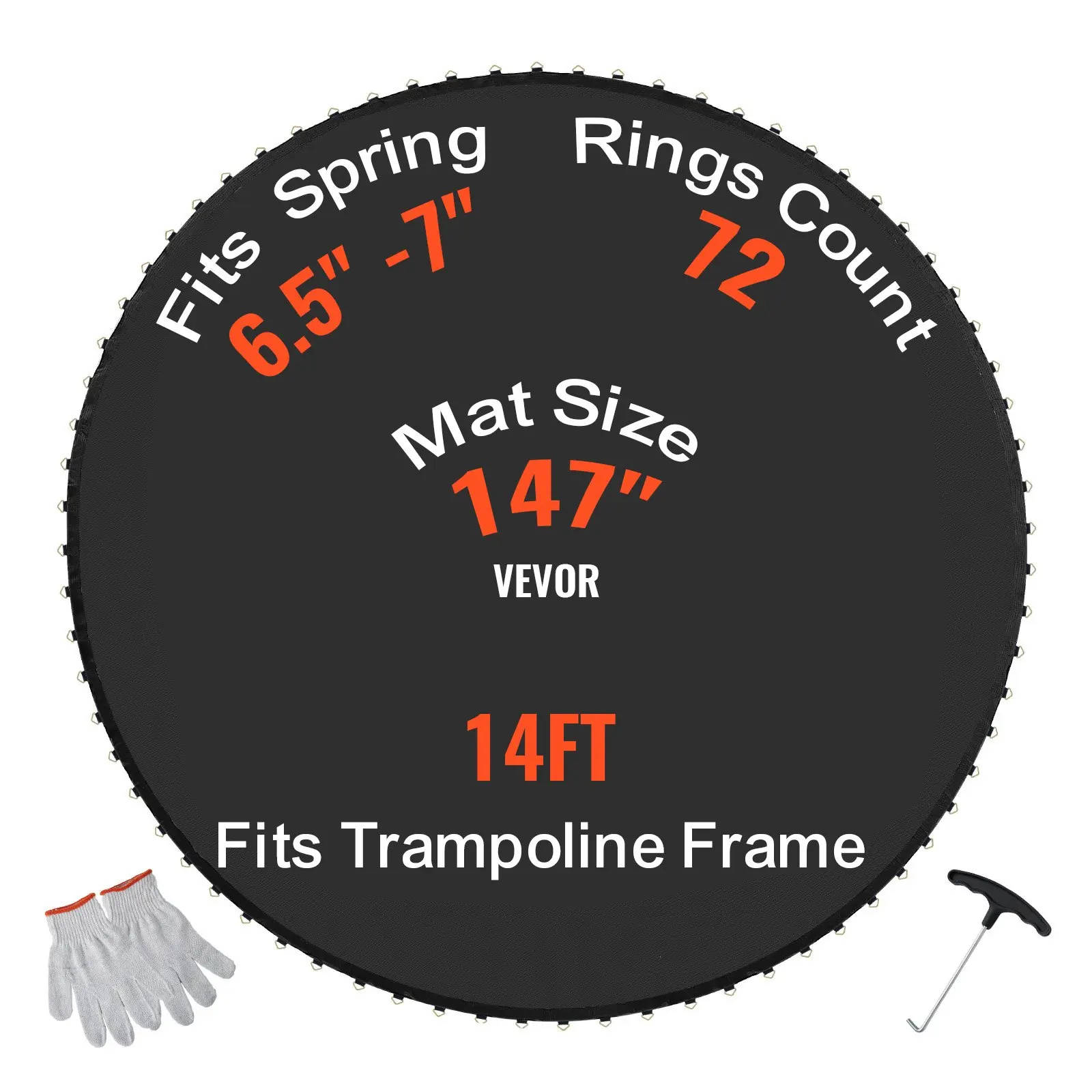 VEVOR Replacement Trampoline Mat, Jumping Mat Fits 14ft Frame, Universal Jumping Mat for 14ft Round Trampoline, Reinforce UV-Resistant Mat with Spring Tool & Durable V-Rings, Fit 6.5"-7" Spring Lengt