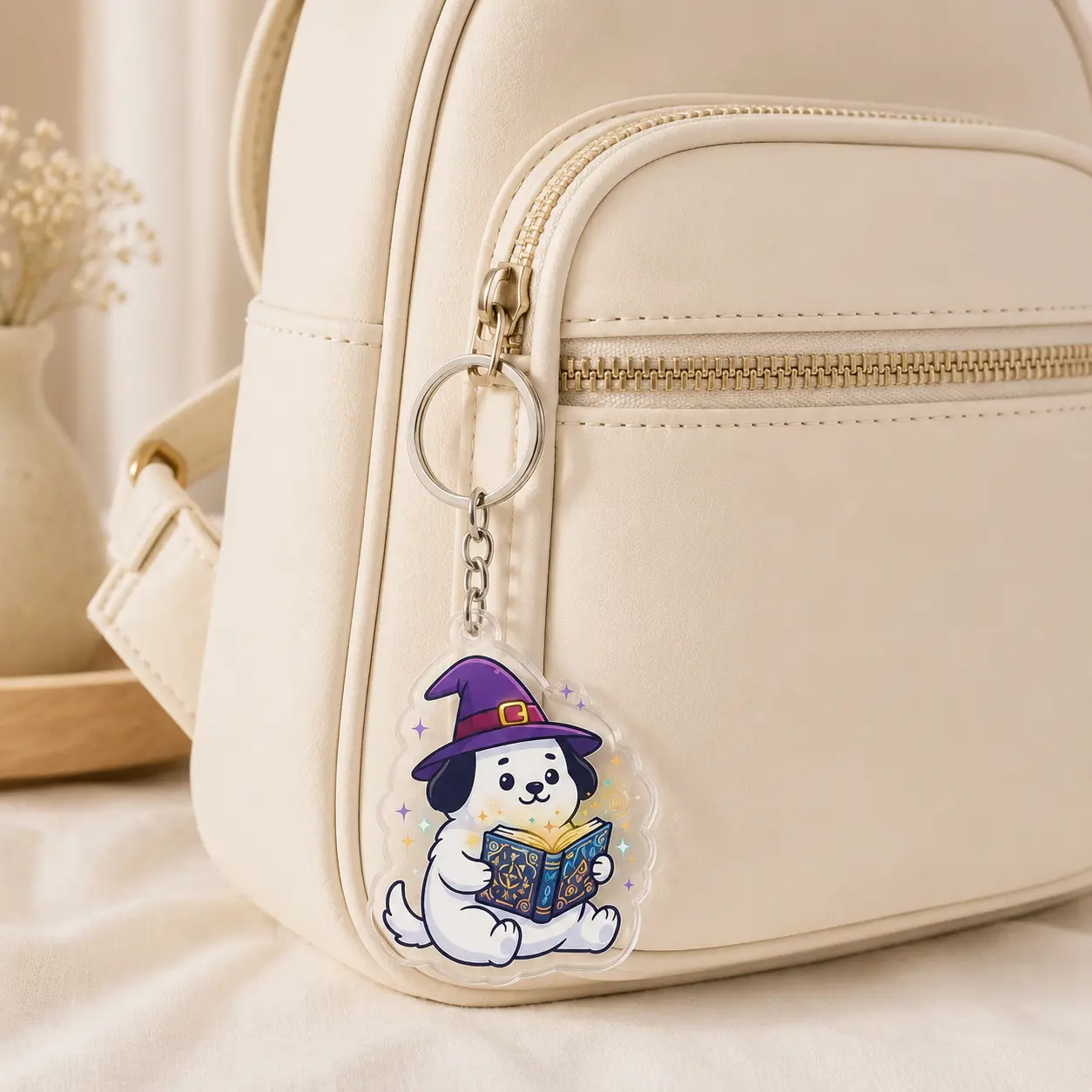 Cute Wizard Puppy Acrylic Keychain – Magical Reading Dog Charm, Fantasy Book Lover Bag Accessory, Halloween Gift