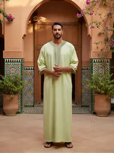 Men's Modest Moroccan Thobe, Loose Casual Embroidery Islamic Thobe with Pockets, Perfect for Ramadan & Eid Al-Adha