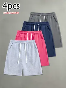 Pack of 4 men’s summer casual shorts: drawstring waist, skin-friendly and breathable fabric, loose fit—versatile for everyday wear, leisure, sports, and fitness.summervibes