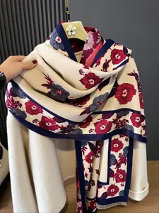 Women's Floral Jacquard Scarf, Faux Wool Warm Shawl for Fall & Winter, Casual Fashion Accessory, Moderate Fabric Thickness, Floral Print Scarf