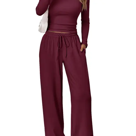 New Women's 2-Piece Round Neck Casual Sportswear Set, Drawstring Sweatpants, Fall Winter Solid Color Long Sleeve Home Wear Outfit, Simple Fashion Design Sweatsuit with Pocket