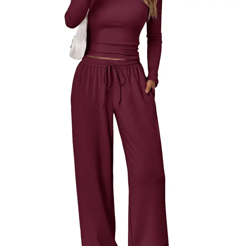 New Women's 2-Piece Round Neck Casual Sportswear Set, Drawstring Sweatpants, Fall Winter Solid Color Long Sleeve Home Wear Outfit, Simple Fashion Design Sweatsuit with Pocket