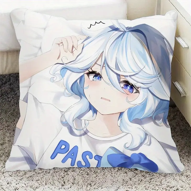 18x18 in Genshin Impact Anime Throw Pillow - Soft Plush Decorative Cushion with Furina Fu Ning Na Unique Character Art, Blue Hair & Tears Illustration, Zipper Closure, Machine Washable Anime Themed Accessories for Dorms, Bedrooms
