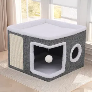 Multifunctional Cat House 4-in-1 Design with Cat Scratching Board, Warm Bed, Cat Bed, Foldable Indoor Pet House, Non-slip Base, Suitable for All Seasons