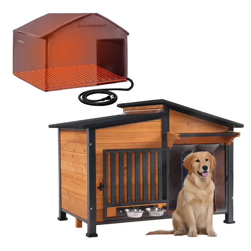 Aivituvin-AIR7021-IN-HP Heated Insulated Metal-Frame Wooden Outdoor Dog House Kennel, 55.9"l x 31.8"w x 35.4"h, Waterproof, Rainproof Roof, Removable Liner, Heating Pad, 117 lbs Capacity for Year-Round Winter Animal Comfort, 117 Pounds
