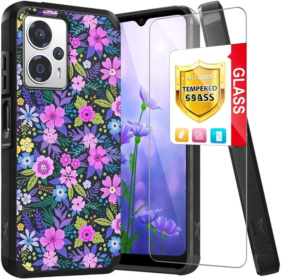 Compatible with Cricket Outlast 5G 2024 Case, AT&T Motivate Pro 5G Case, with Tempered Glass Screen Protector, Dual Layer  Support Shockproof Heavy Duty Phone Case (Mystical Floral Boom)
