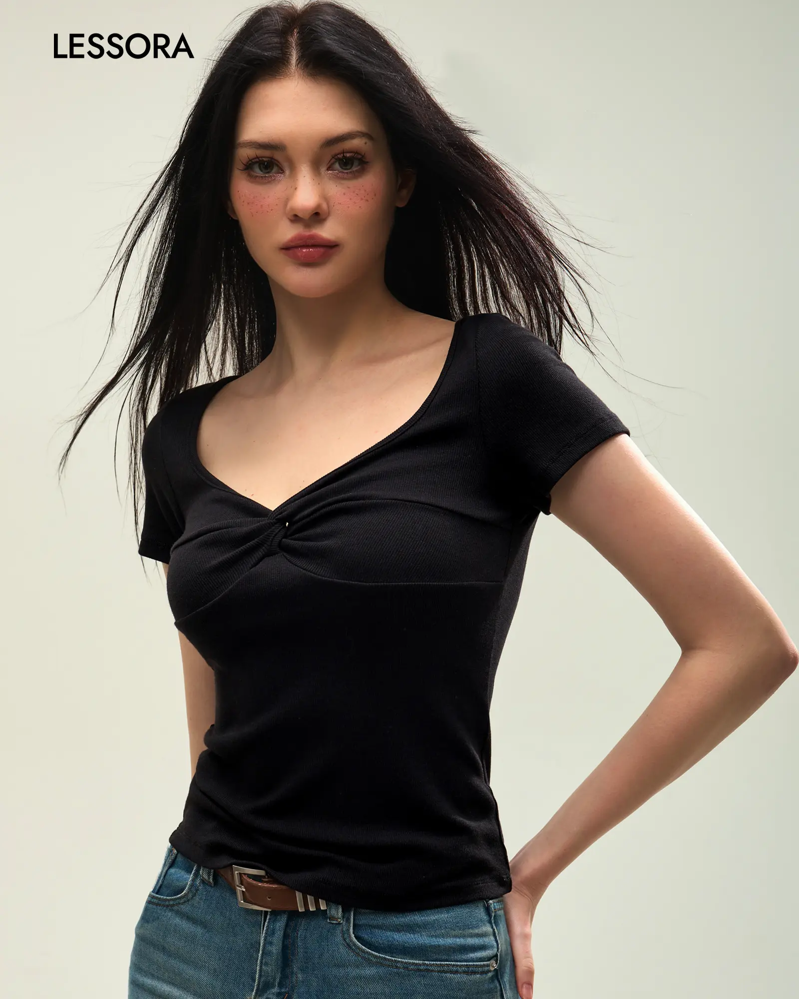 LESSORA Women's V Neck Short Sleeve Top Slim Fit Ribbed Twist Front Tee