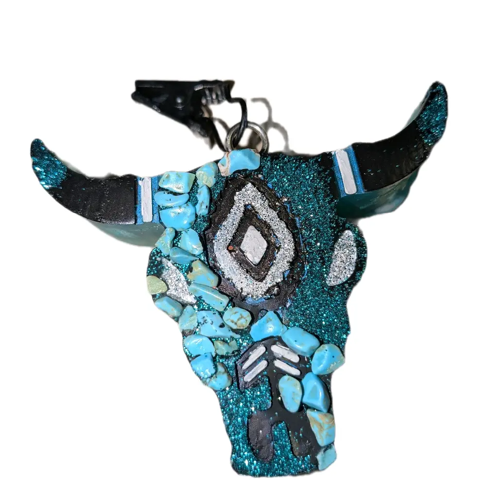 Auto Bull Skull Freshie set of 2. Bird & Beads Design Colorful Glittered, Stoned,Bull & Cactus Shape Freshies. Matching set.