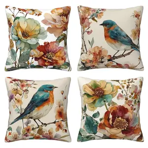 Spring watercolor orange bird and flower patterns, home decoration pillow cover, suitable for sofas, beds, chairs, 4-piece set with double-sided printing, Home Textile