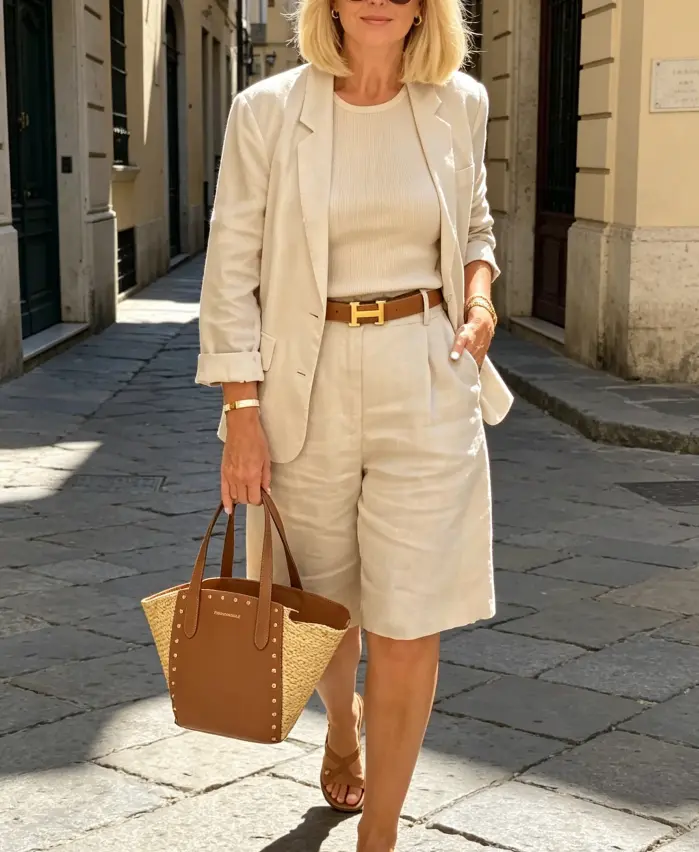 Women's 2-Piece Linen Blend Suit Set - Long Sleeve Blazer & High Waist Shorts, Breathable Minimalist Summer Casual Office Outfit