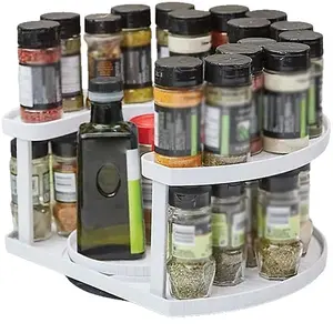 D-shaped Double Layer Rotating Spice Rack Multifunctional Kitchen Seasoning Storage Organizer Countertop Condiment Holder,White