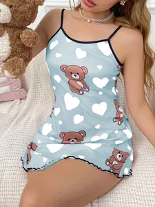Women's Cute Cartoon Bear Print Cami Sleepwear, Slim-Fitting Polyester Blend Fabric for Comfort, Stylish Casual Loungewear for Spring & Fall, Womenswear