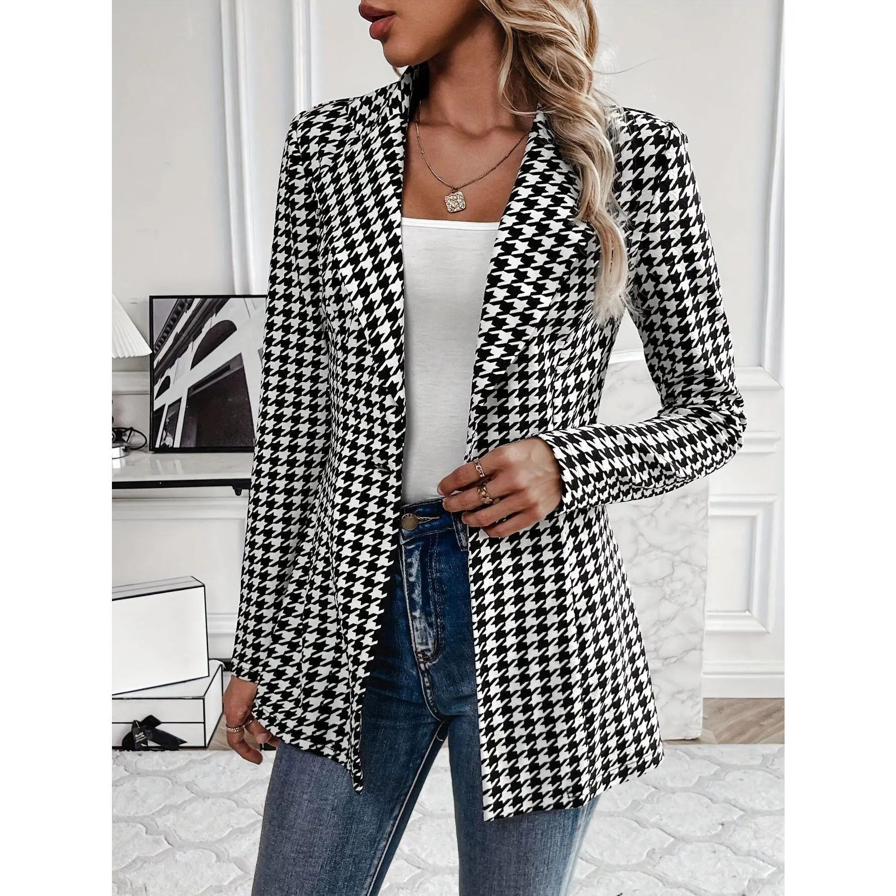 Women's Formal Houndstooth Print Blazer - Lapel Collar, Soft Flat Fabric, Fitted Cut, Button-Front Office-Business Essential, Casual, Soft Fabric, Elegant, Garment, Lady