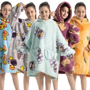 Kids Cute Pizza Print Loungewear, Hooded Heart Pockets, Thick Warm Winter Sleepwear, Soft Comfortable